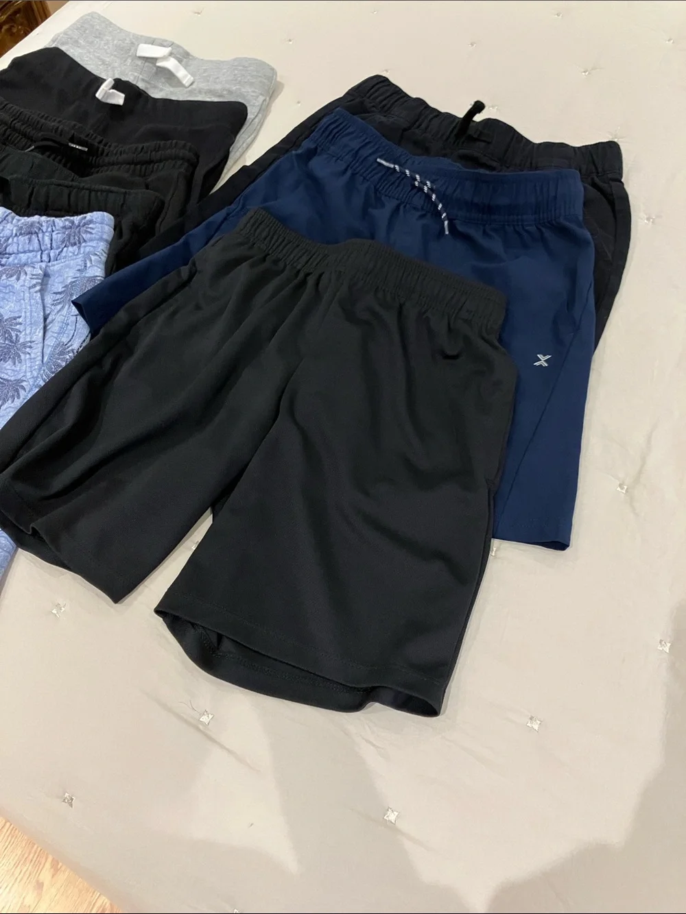 Black, Navy & Light Blue Palm-Print Pull-On Shorts Pack size 10/12